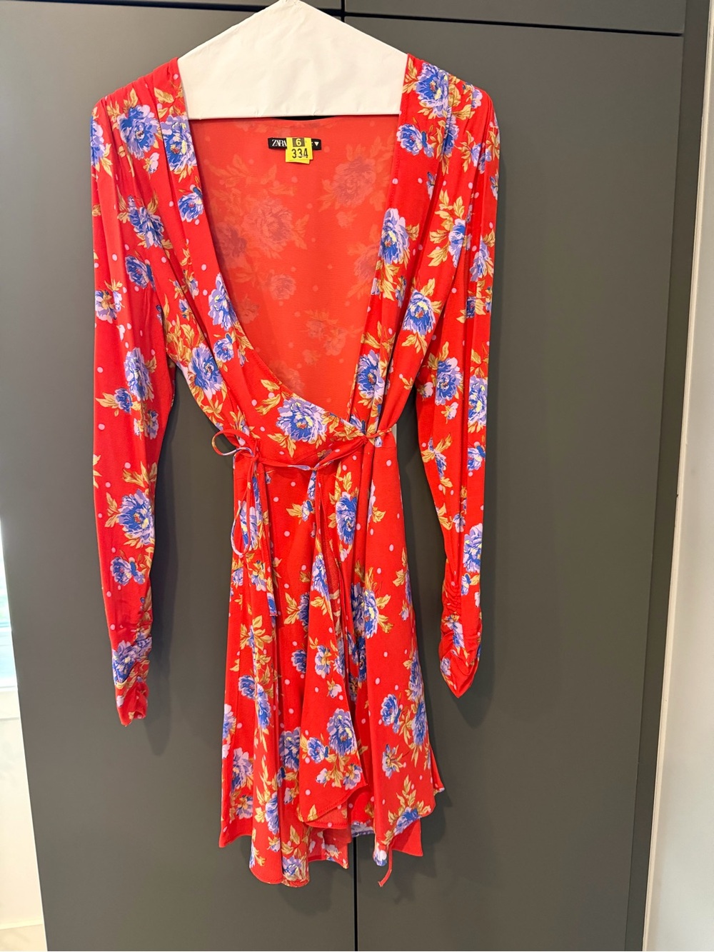 Zara Red Floral Wrap Dress with Blue and Yellow Flowers